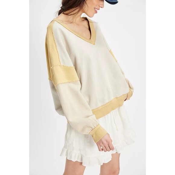 Free people We The Free First Base V-Neck Sweatshirt Top Ribbed Cotton S 283686 - Picture 4 of 9